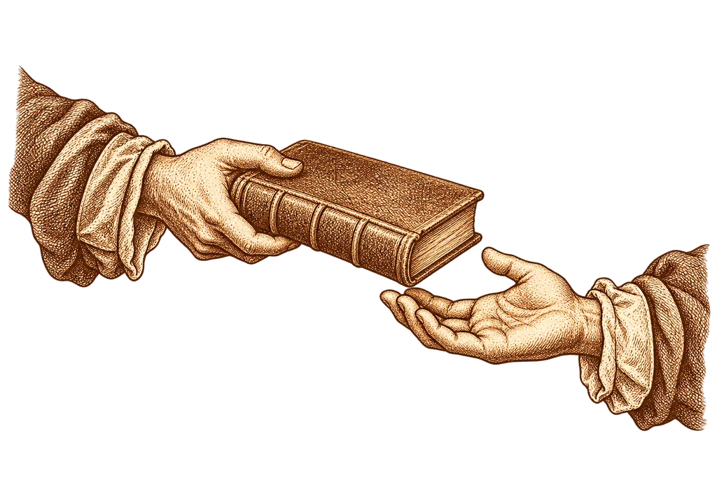 Dos manos intercambian un libro.