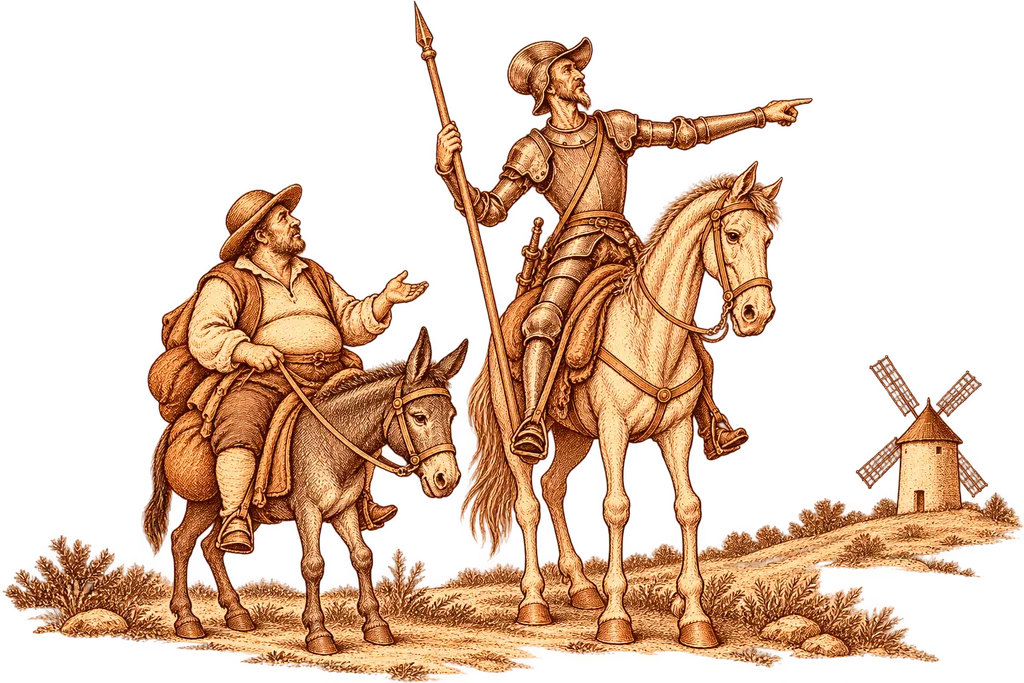 Don Quijote y Sancho interpretan un molino de distinta manera, una escena para el análisis del Quijote.
