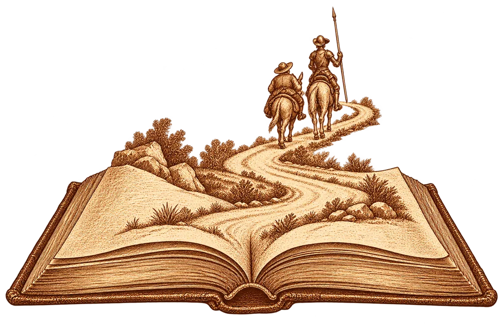 An open book and a road illustrate this guide to Don Quixote’s chapters.