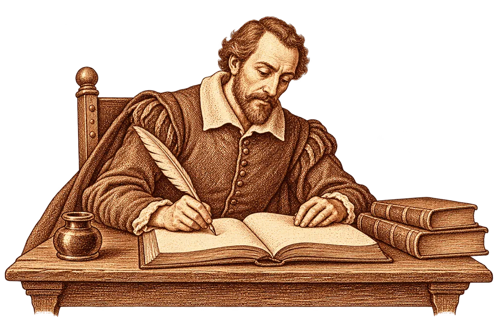 Un escritor del tiempo de Miguel de Cervantes trabaja con pluma y papel; representación imaginada.