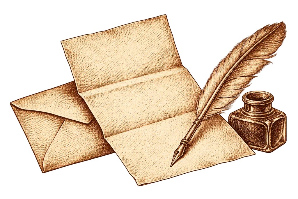 A letter and a quill on a small desk.