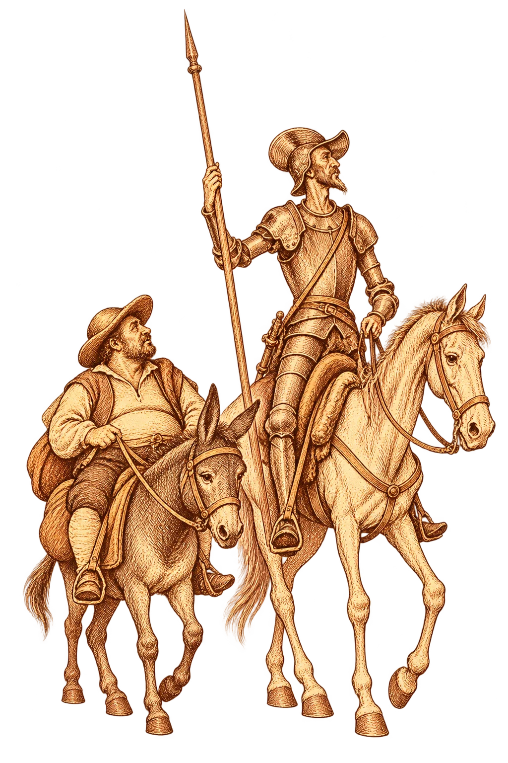 Don Quixote and Sancho Panza travel on Rocinante and the donkey.