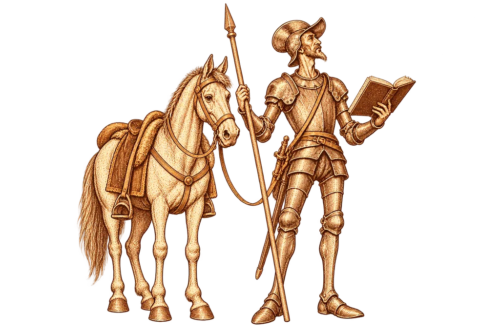 El personaje de Don Quijote con su vieja armadura, la lanza y Rocinante.