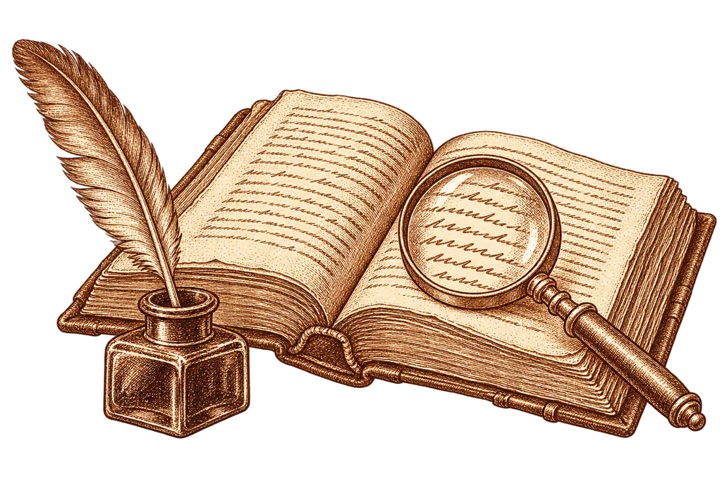 An old book, a quill and a magnifying glass represent research into Don Quixote sources.