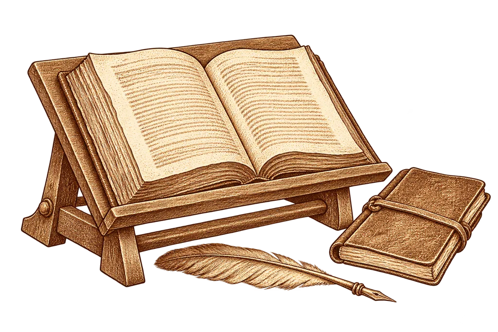 Un libro abierto sobre un atril representa el estudio literario de Jesús G. Maestro.