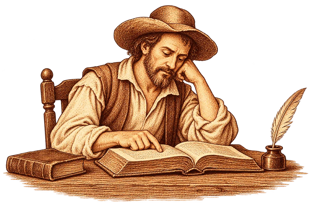 A reader follows the lines of an open book in this guide on how to read Don Quixote.