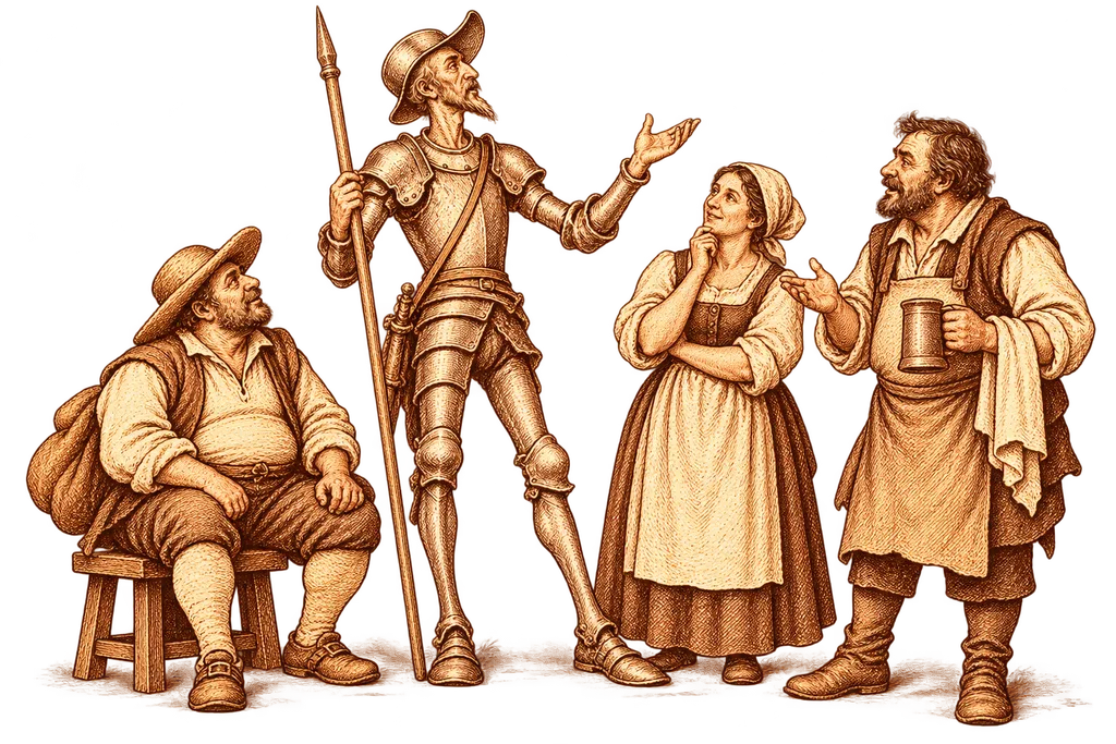 Don Quixote characters in conversation: The knight, Sancho, a country woman and the innkeeper.