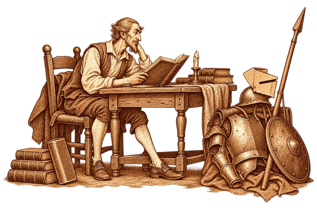 The hidalgo reads books of chivalry beside his armour and a cardboard visor.