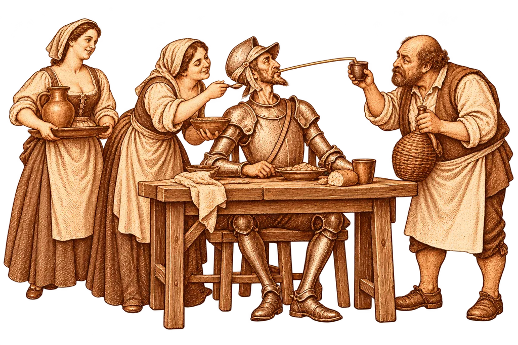 Two women and the innkeeper help Don Quixote eat while he wears his helmet.