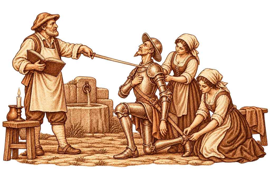 The innkeeper dubs Don Quixote a knight with help from Tolosa and Molinera.