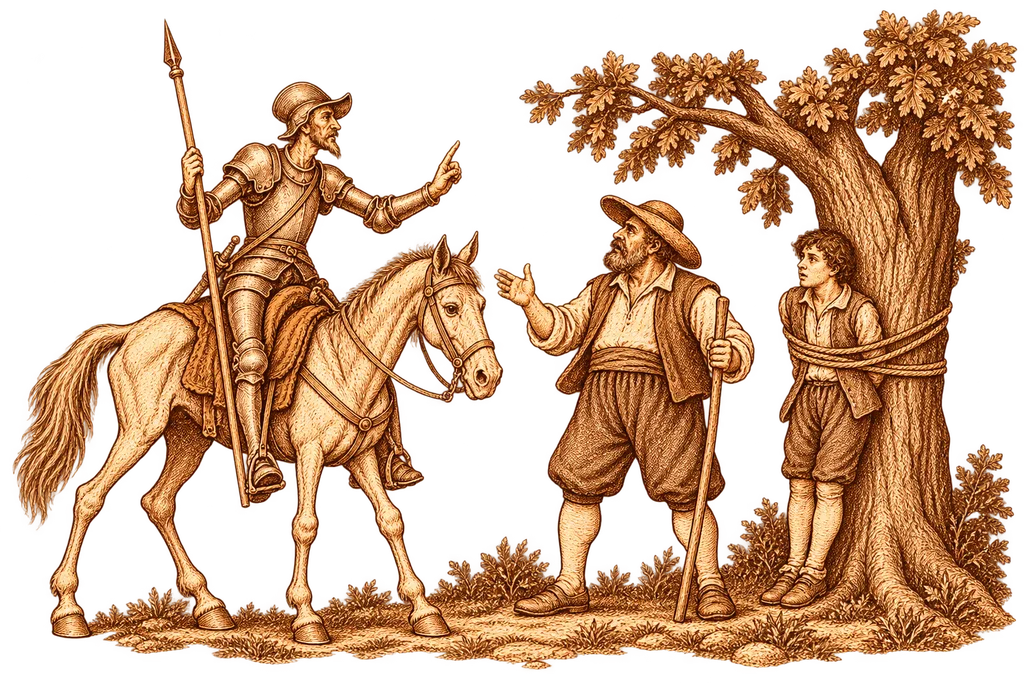 Don Quixote orders Juan Haldudo to release Andrés beside a tree.
