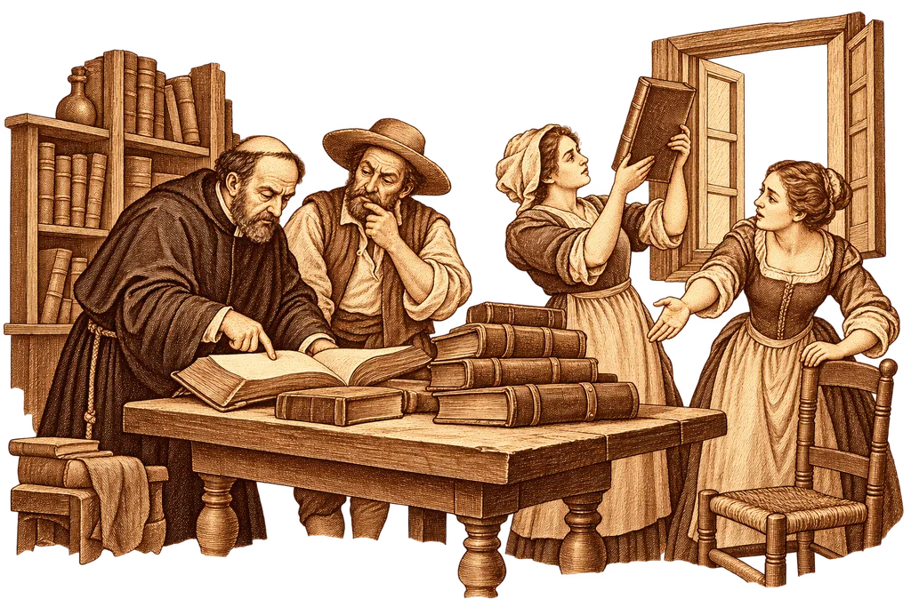 El cura y el barbero examinan los libros ante el ama y la sobrina.