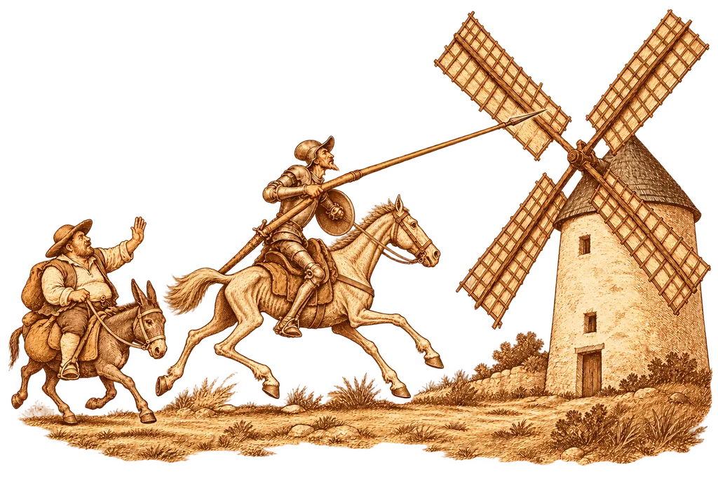 Don Quijote carga contra un molino mientras Sancho le advierte desde su asno.