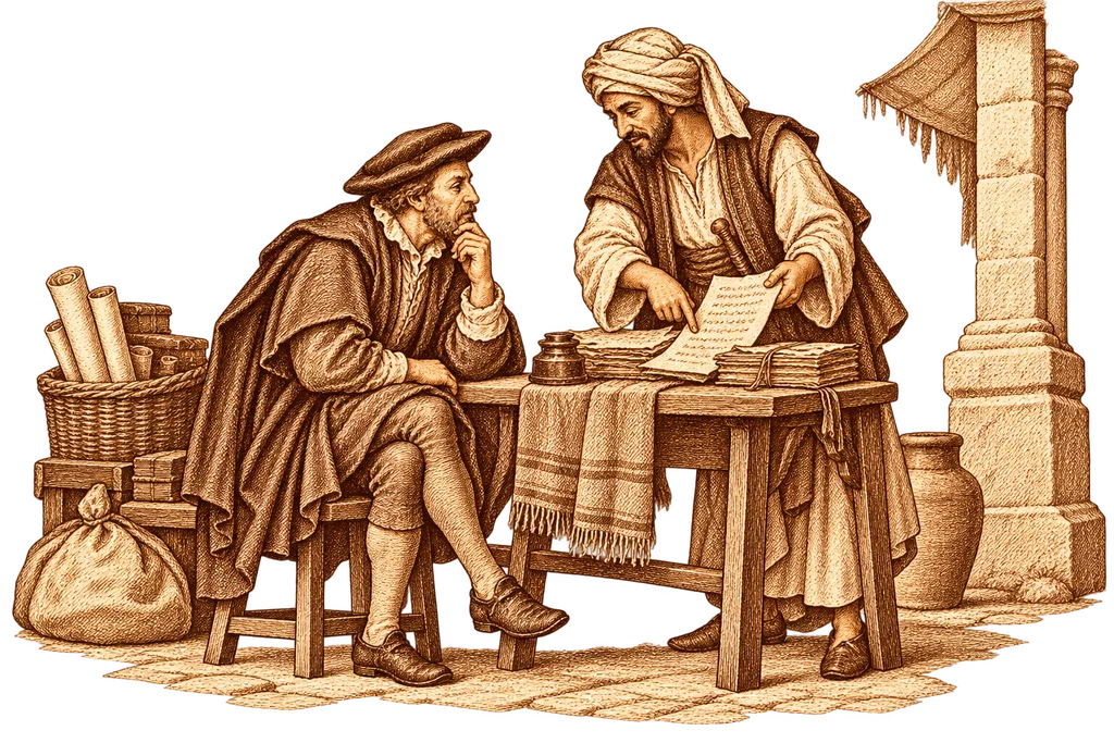 A Morisco reads the Arabic manuscript found in Toledo's Alcaná market.