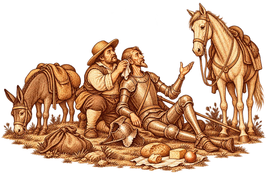 Sancho atiende la oreja herida de Don Quijote mientras conversan.