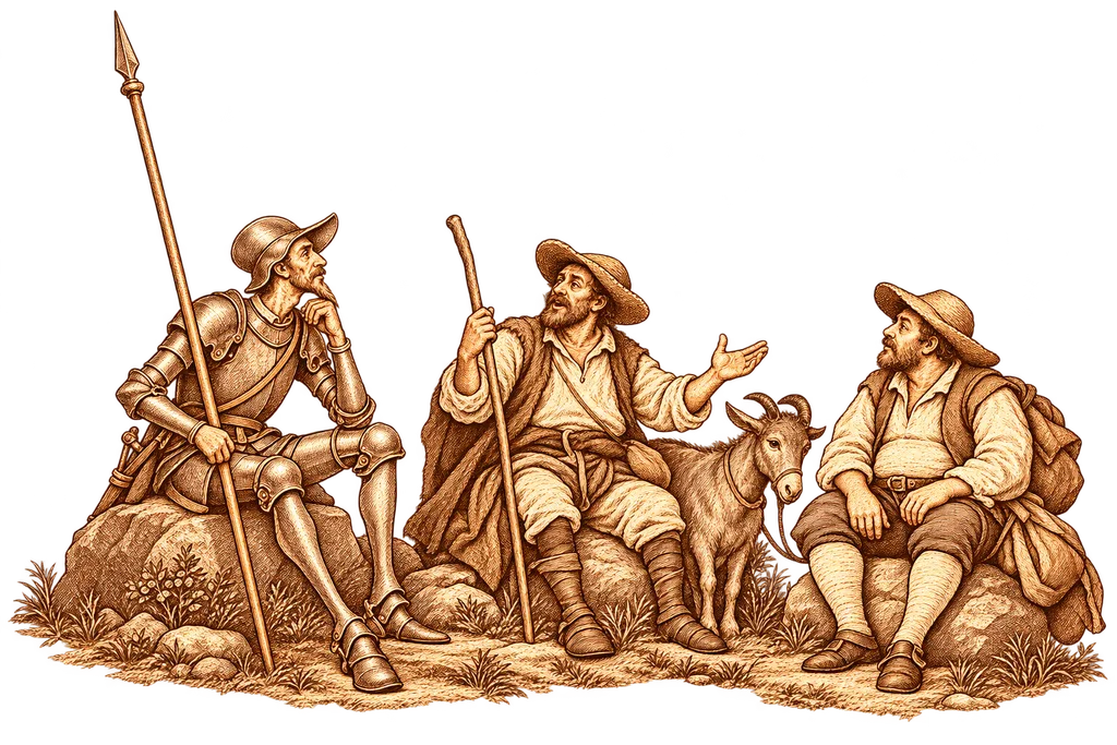 Pedro cuenta a Don Quijote y los cabreros la historia de Grisóstomo y Marcela.