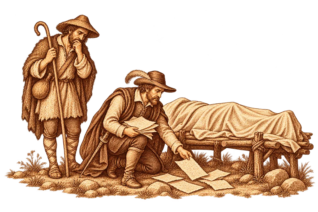 Vivaldo preserves some writings beside Grisóstomo's body.