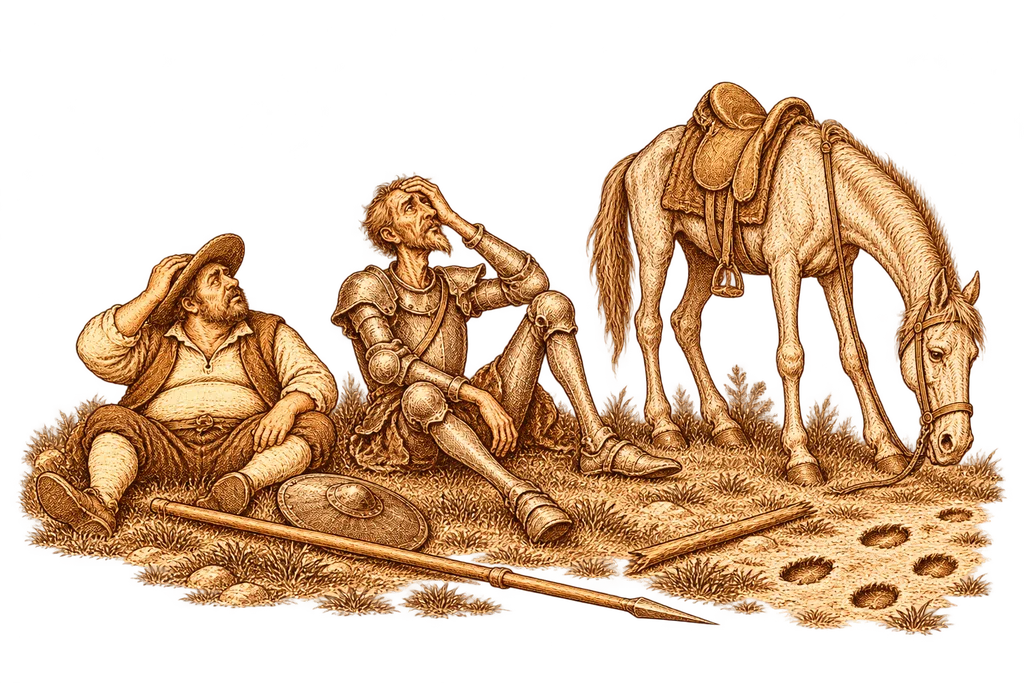 Don Quijote y Sancho quedan doloridos junto a Rocinante tras el choque con los yangüeses.
