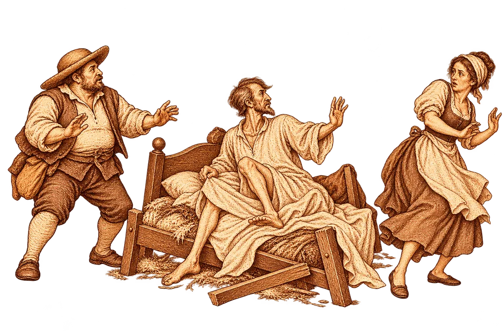Una pelea nocturna hace ceder la cama de Don Quijote en la venta.