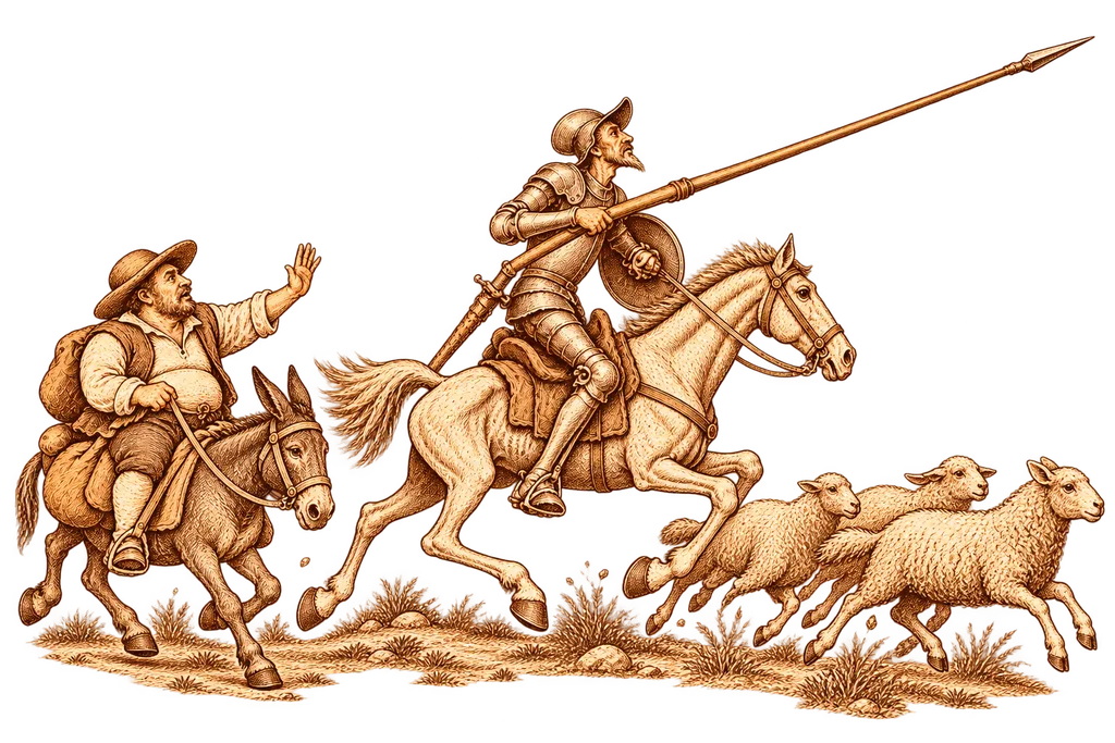 Don Quijote carga contra un rebaño que imagina como un ejército.