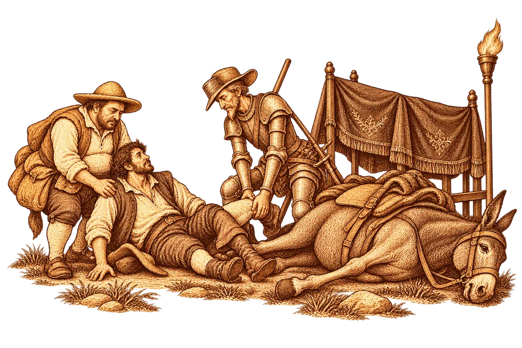 Sancho y Don Quijote ayudan al bachiller caído junto a la comitiva funeraria.