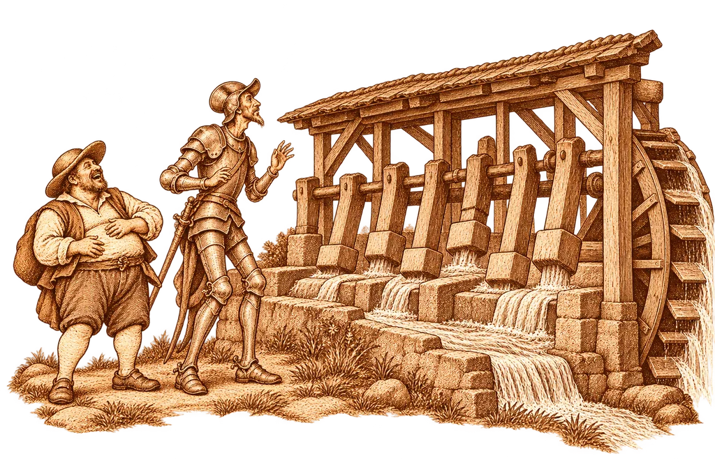 Don Quixote and Sancho discover the fulling-mill hammers at dawn.