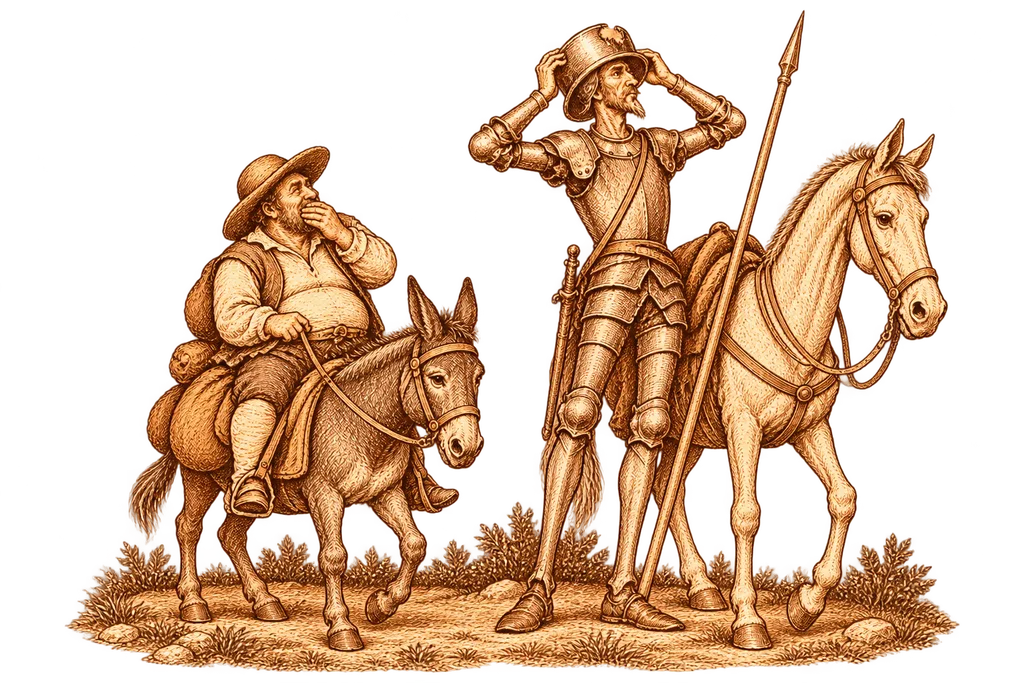 Don Quixote tries on the barber's basin he believes is Mambrino's helmet.