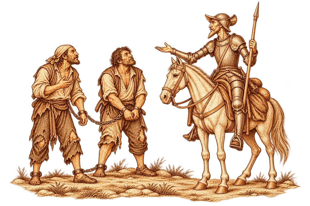 Don Quixote speaks to the chained galley convicts before freeing them.