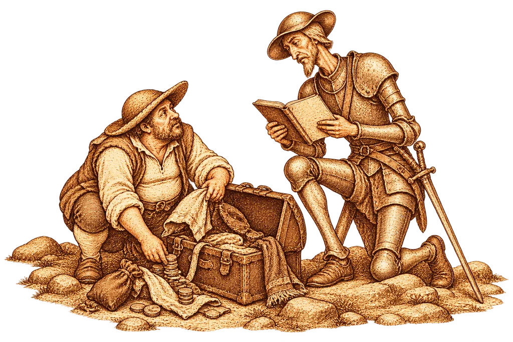 Don Quixote examines a notebook from the suitcase found in Sierra Morena.
