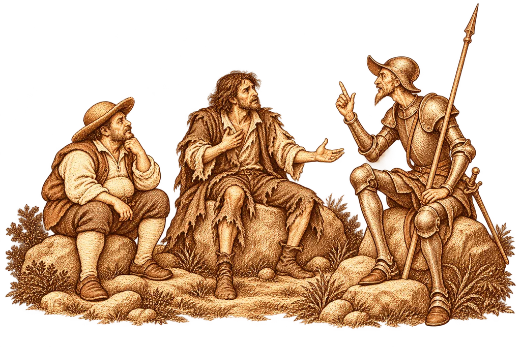 Cardenio tells Don Quixote and Sancho his story in Sierra Morena.