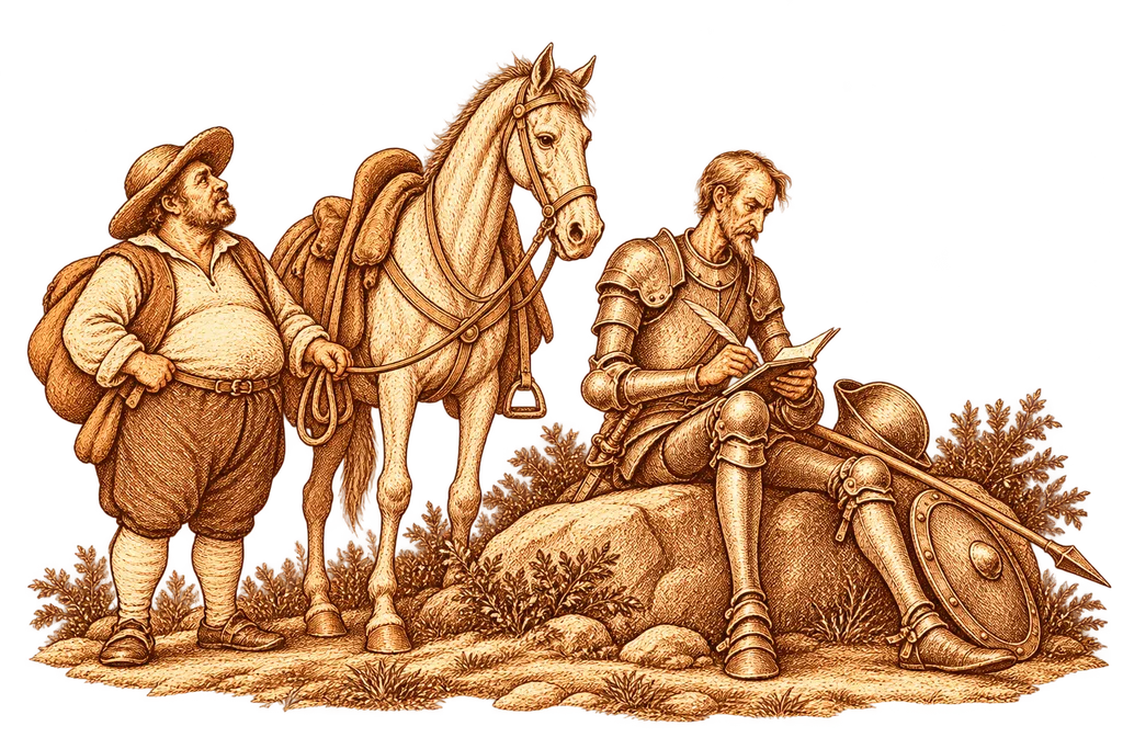 Don Quixote prepares the letter to Dulcinea as Sancho waits beside Rocinante.