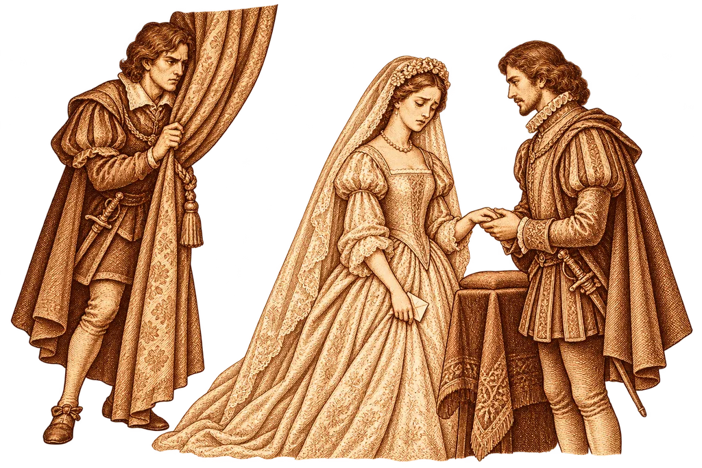 Cardenio watches Luscinda and Fernando's wedding from hiding.