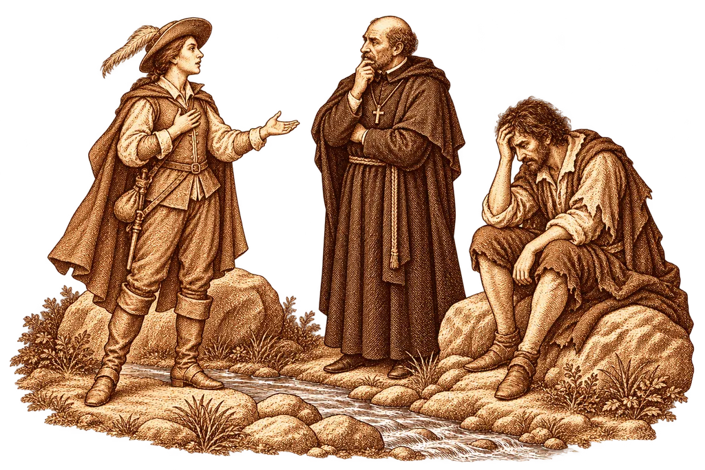 Dorotea tells her story to the priest and Cardenio in Sierra Morena.