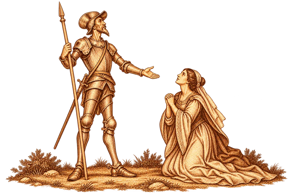 Dorotea plays Micomicona and asks Don Quixote for help.