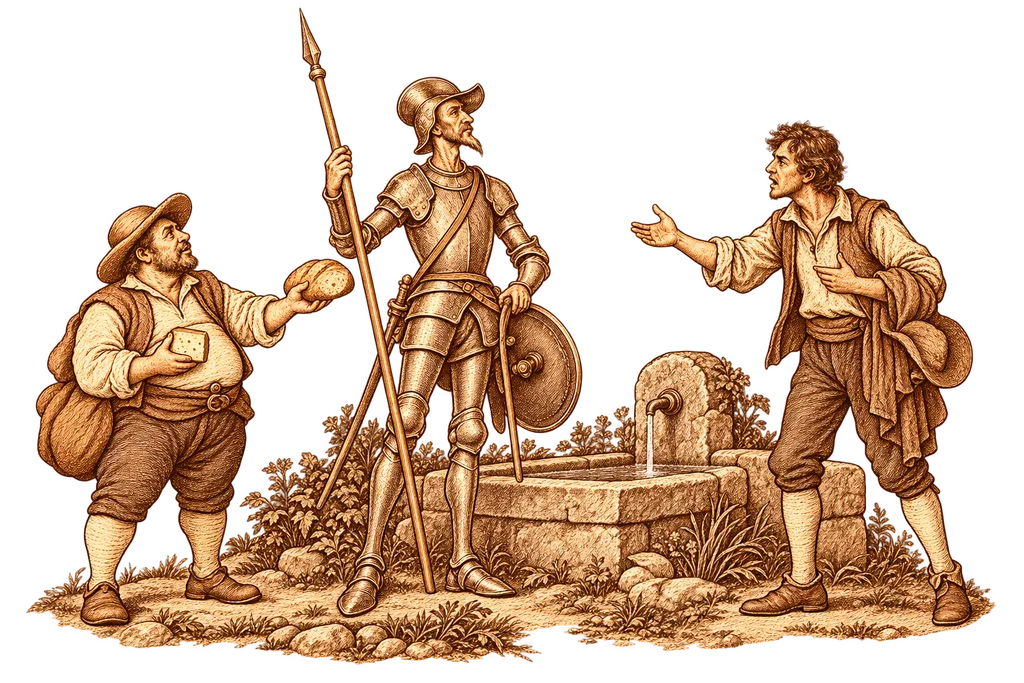 Andrés tells what happened as Sancho offers bread and cheese beside the fountain.