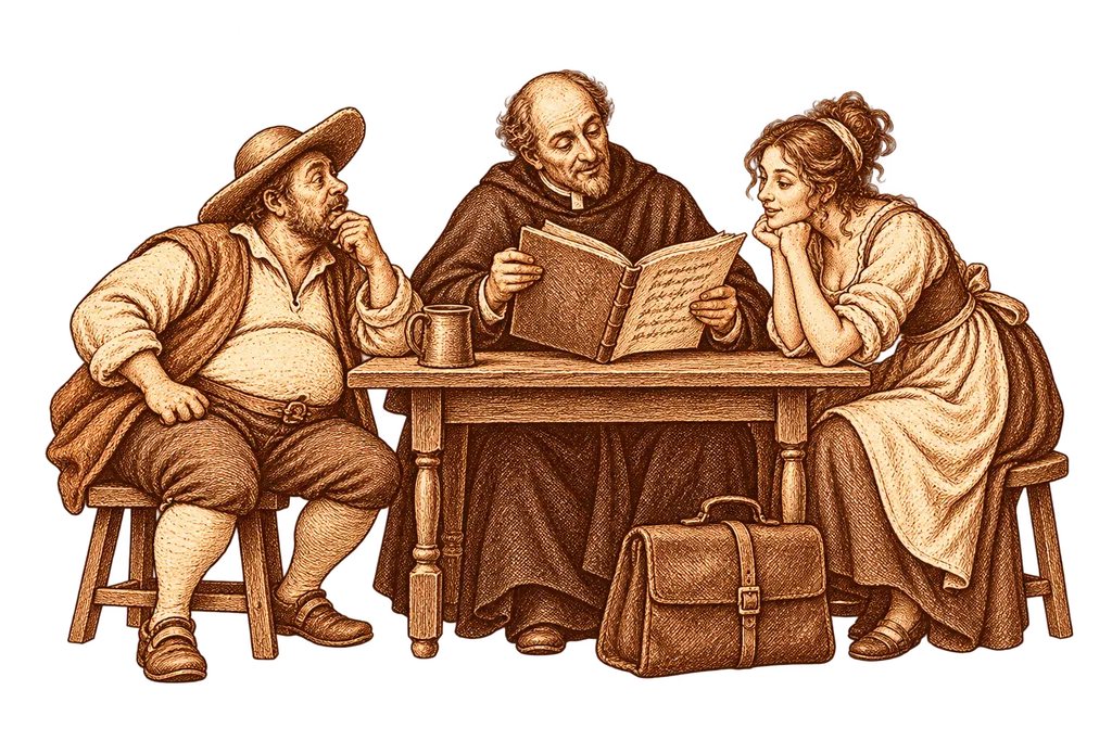 The priest reads a manuscript to the inn's guests.