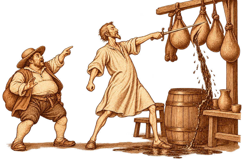 The sleeping Don Quixote cuts the wineskins at the inn.