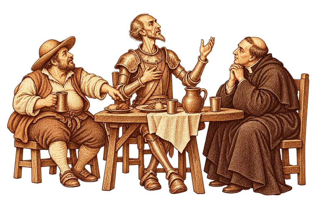Don Quixote delivers his discourse on arms and letters during supper.