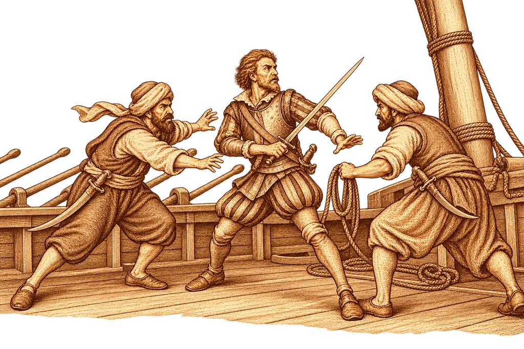 The captain is stranded on an enemy galley during Lepanto.