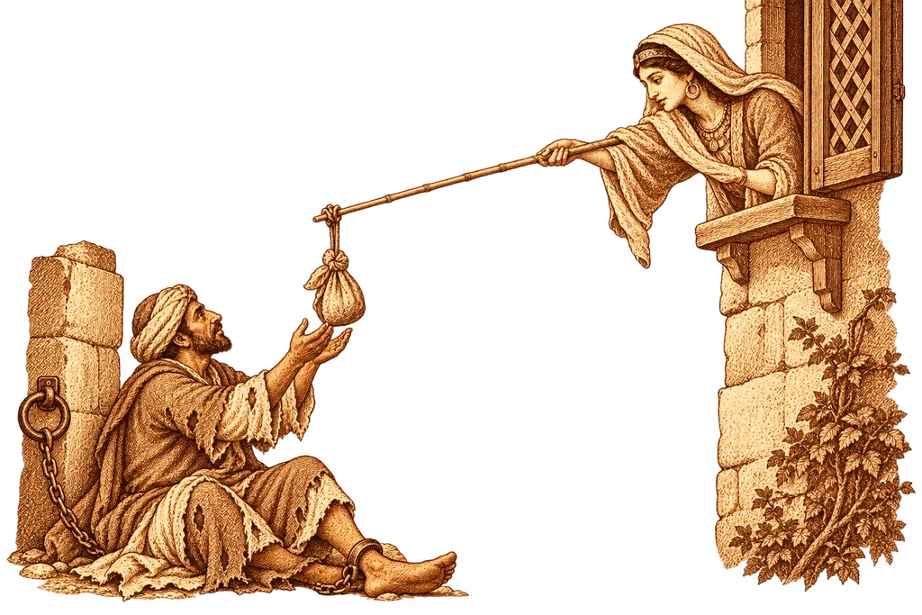Zoraida sends a letter and money to the captive with a reed from her window.