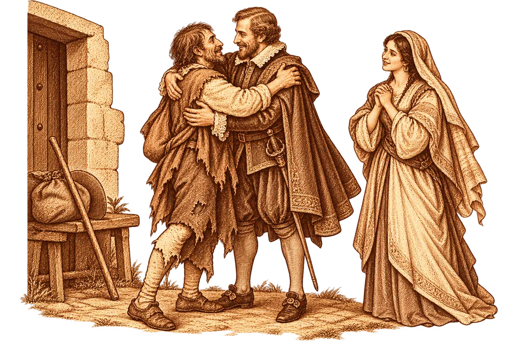 The captive and his brother Juan Pérez de Viedma embrace at the inn.