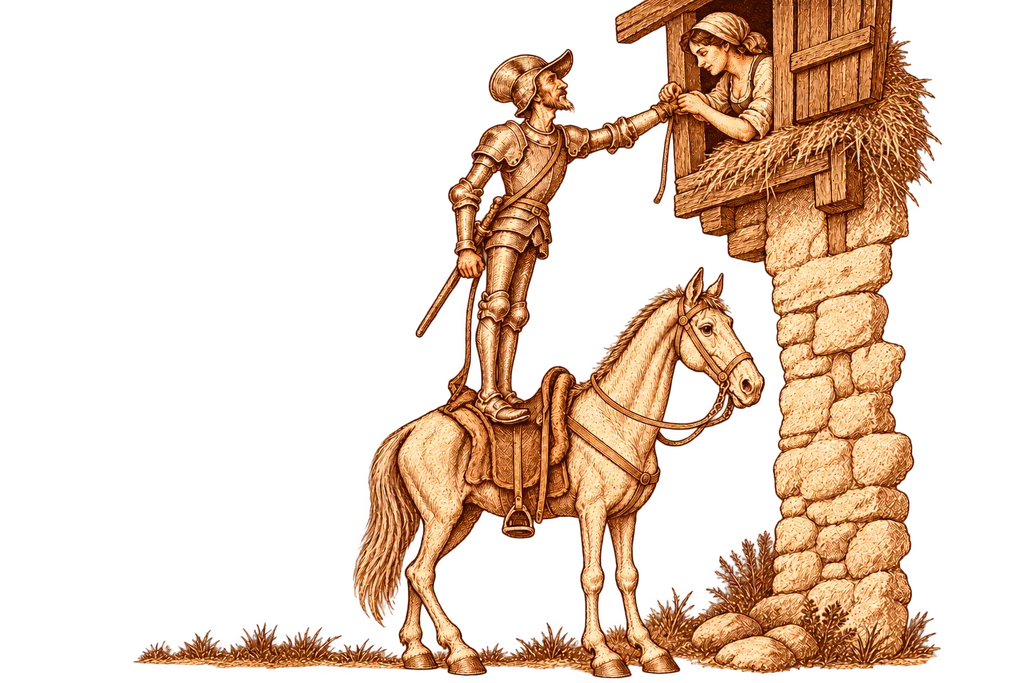 Maritornes ata la muñeca de Don Quijote a través del agujero del pajar.
