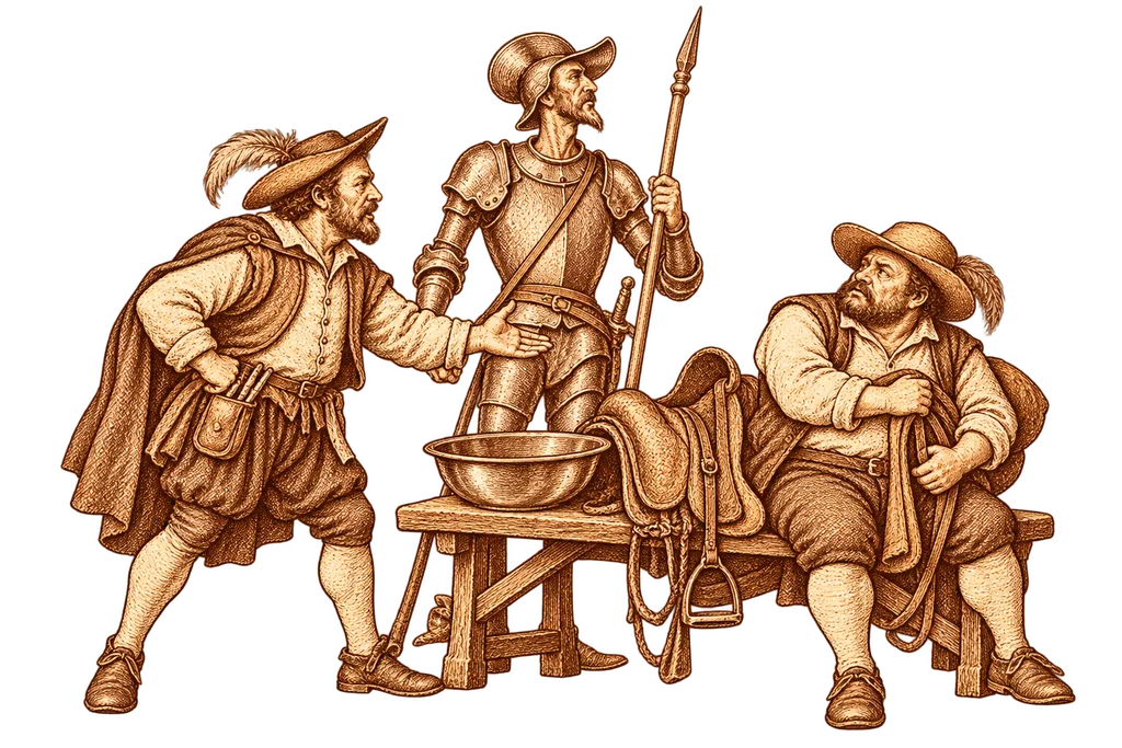 El barbero reclama a Sancho su bacía y los aparejos del asno.