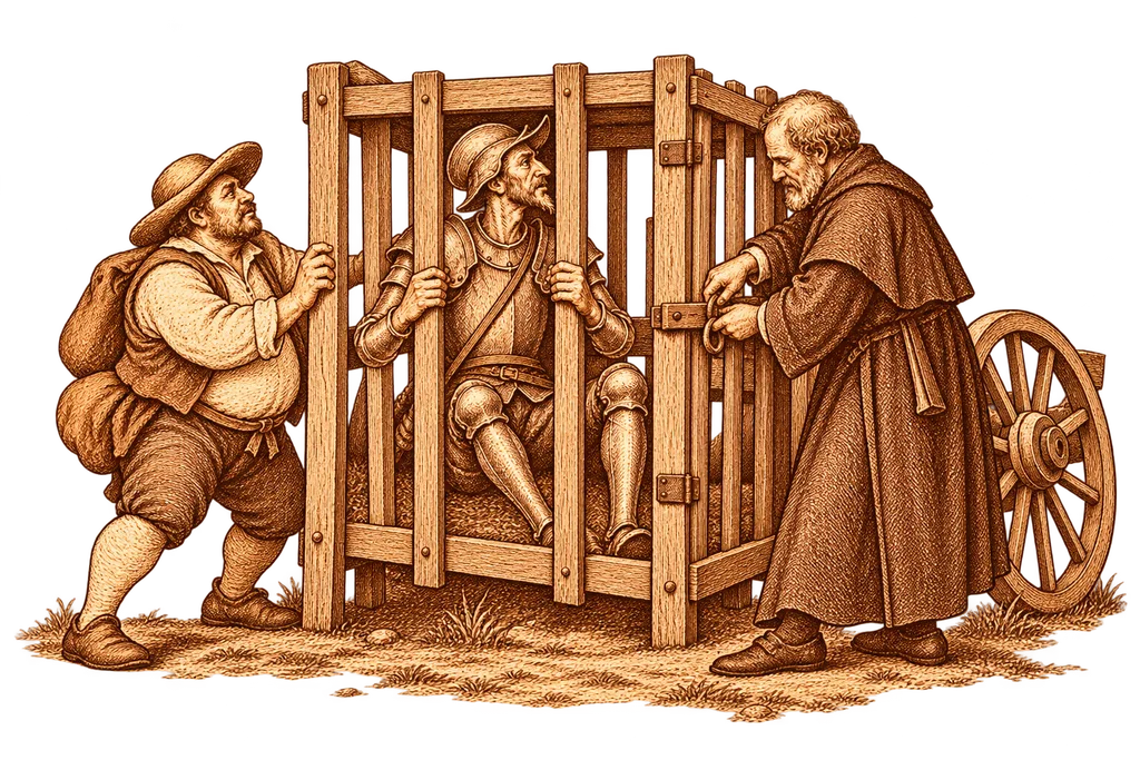 The companions place Don Quixote in a cage to take him home.