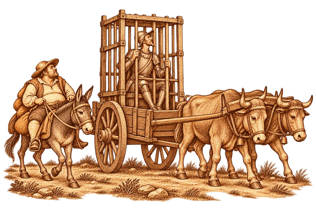 Don Quijote viaja enjaulado en un carro de bueyes junto a Sancho y la comitiva.