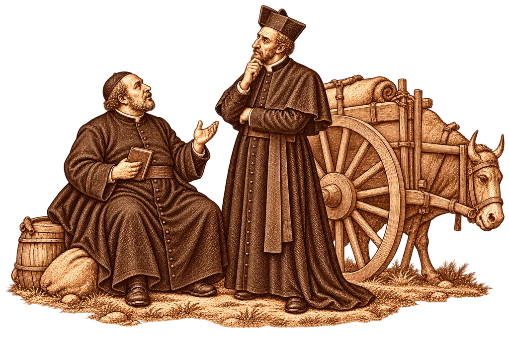 The priest and canon discuss books and plays on the return journey.