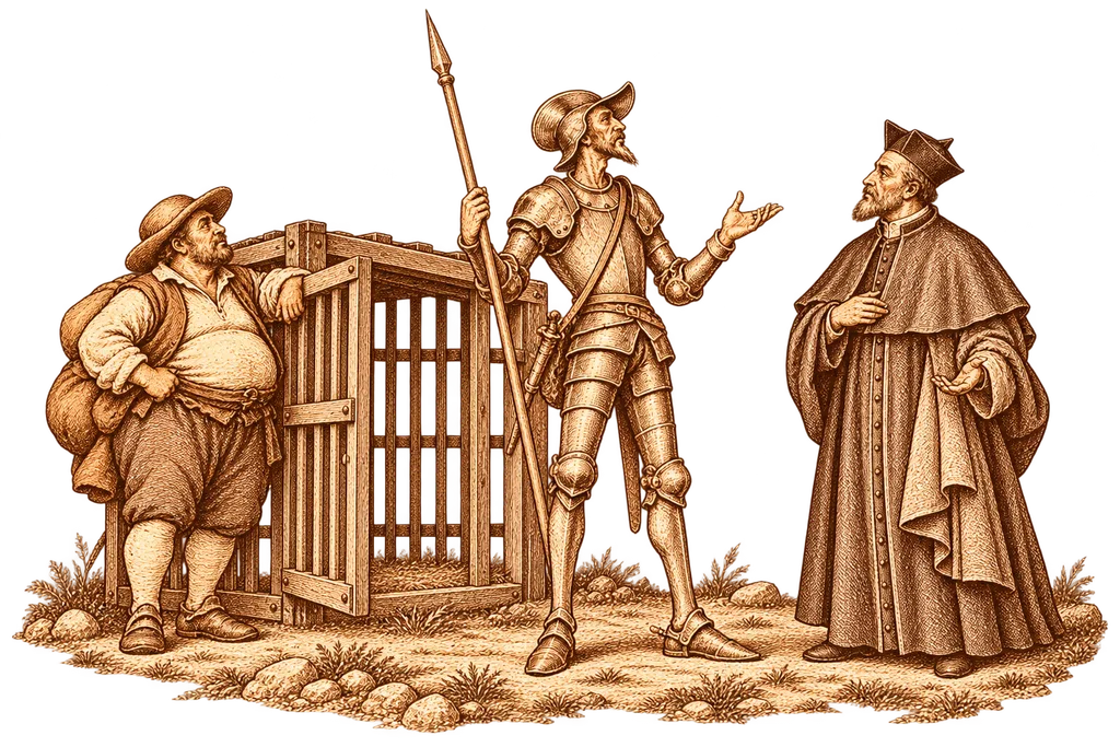Don Quixote leaves the cage and debates with the canon before Sancho.