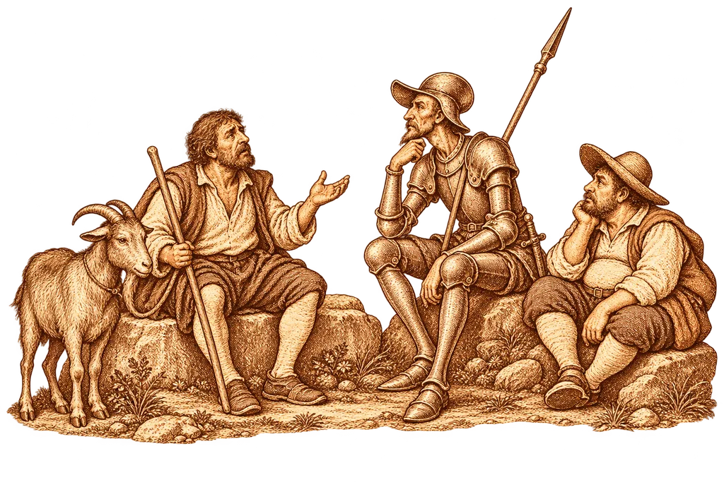 Eugenio cuenta la historia de Leandra ante Don Quijote y Sancho.