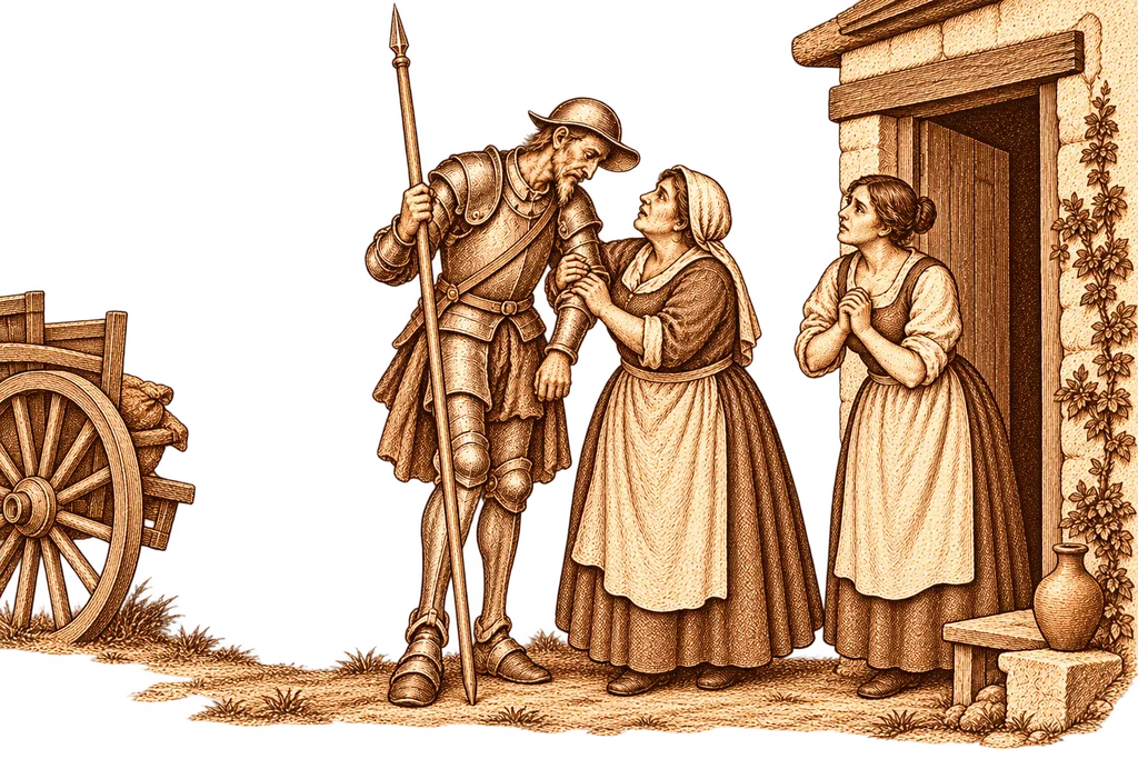 Don Quijote regresa a la aldea y es recibido por el ama y la sobrina.