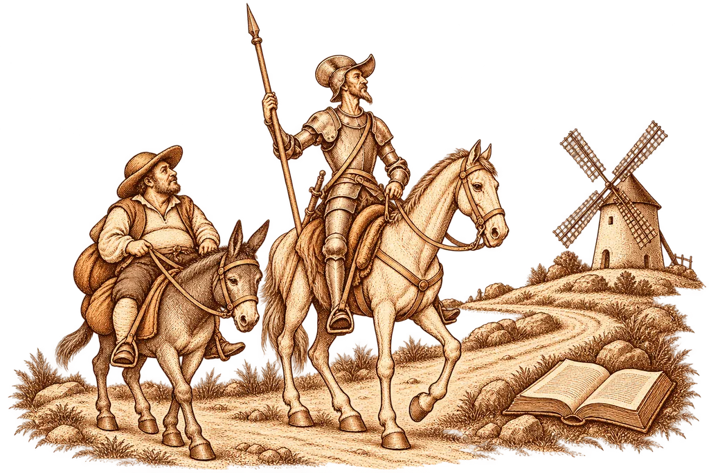 Don Quixote and Sancho on the road, a vignette for the Don Quixote summary.